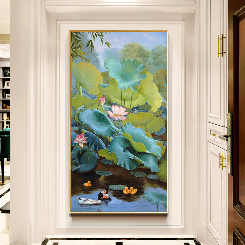 新中式荷花鸭子入户玄关纯手绘油画简约轻奢装饰画走廊过道美式图片