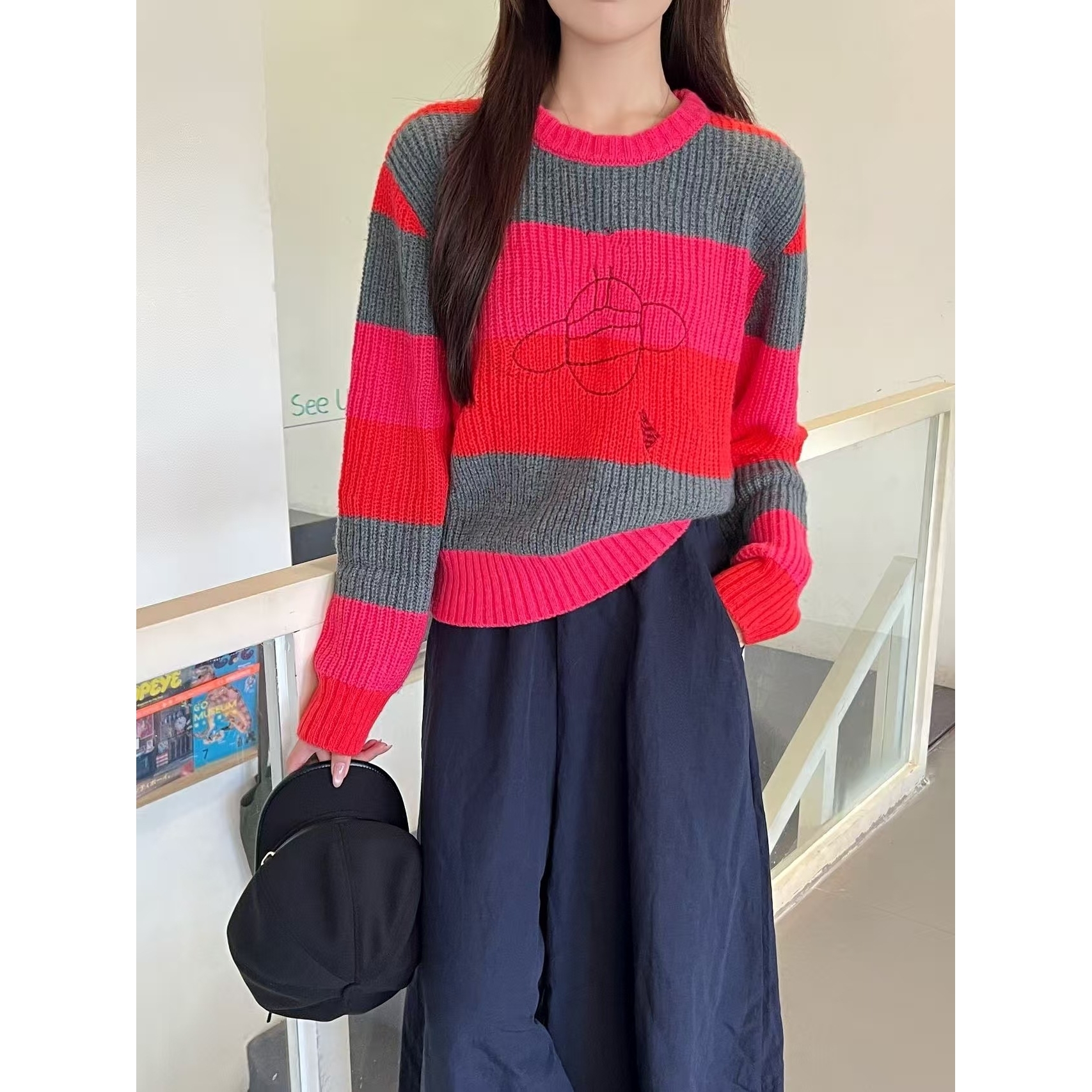 2025西太后土星秋冬新款复古慵懒风软糯刺绣条纹圆领套头针织长袖