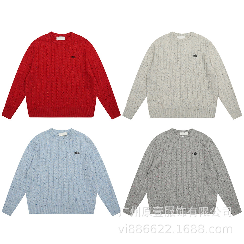 2025西太后土星刺绣毛衣经典麻花休闲多色羊毛混纺套头针织衫女上