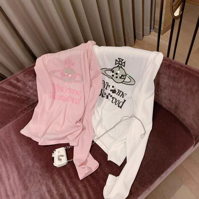 2025西太后土星VIVI烫钻重工防晒短袖两色高版宽松百搭上衣厂家