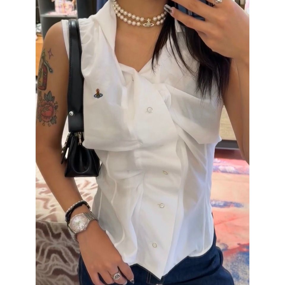 2025西太后土星供!刺绣条纹不规则醉汉衬衫无袖设计感衬衫上衣女
