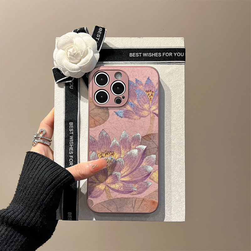 「菡萏·濯影」新中式适用于苹果iphone16手机壳国风15promax玻璃壳14pro紫粉如烟13pro睡莲12荷花11女高级感,3C数码配件,手机保护套/壳,淘宝优惠券,粉丝福利购,淘宝优惠卷