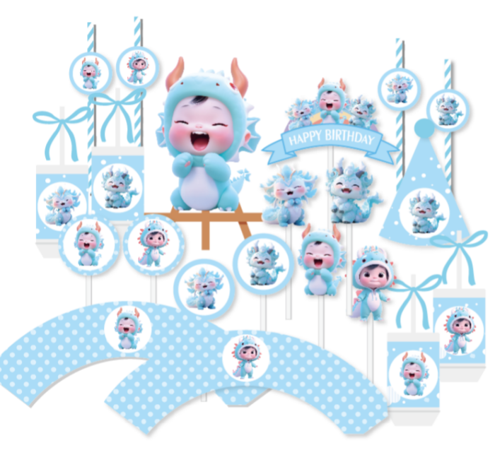 蓝色龙年q版龙宝宝生日百日主题派对装饰蛋糕插牌围边贴纸帽子等