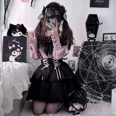 春季天雷系蕾丝衬衫背带裙套装