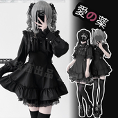 铭酒学园y2k亚文化量产型蕾服秋冬季 黑红蕾丝边长袖 连衣裙两件套