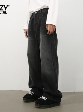 zfzy黑色冬季加厚长裤加绒牛仔裤男美式复古宽松水洗拖地裤裤子
