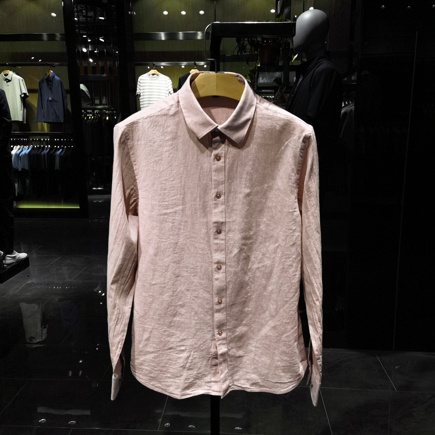 高端亚麻棉长袖衬衫男士粉色百搭简约商务休闲时尚帅气舒适衬衣 H