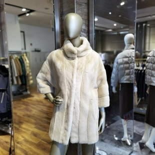 水貂毛皮裘皮衣女士显瘦收腰淑女连帽时尚 皮草御寒神器奥古 中长款