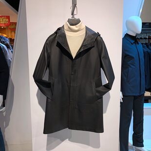 时尚连帽皮风衣男中长款新款进口羊皮衣外套商务真皮男装休闲拉链