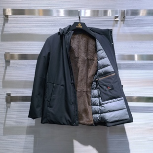 兔毛皮内胆可卸连帽尼克服男士 拉链鹅绒羽绒休闲外套方仕 秋冬新款