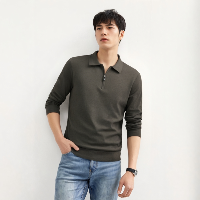 可机洗桑蚕丝羊绒翻领秋冬季新款长袖T恤男时尚舒适针织衫 赫祖丁