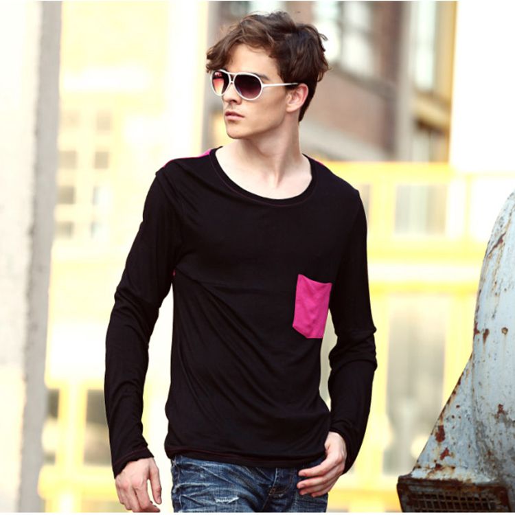 包邮清仓 黑色天丝舒适弹力修身圆领长袖T恤男士柔软亲肤打底体恤