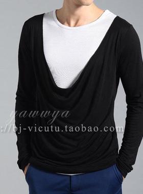 天丝黑白文艺范透气舒适学生男长袖T恤 罗马世家&CITING缇綎正品