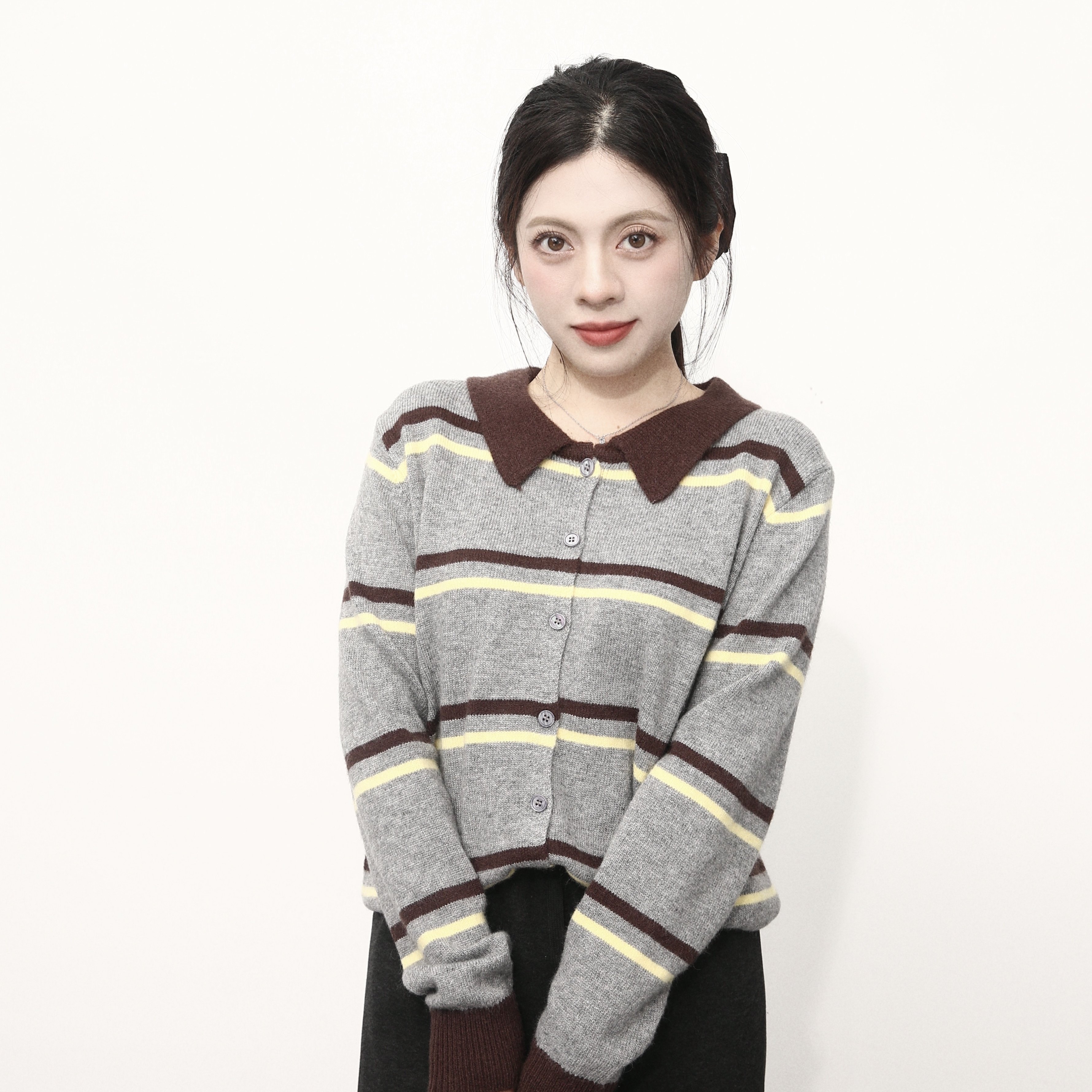 大眼LARGEEYE 栗子奶油 复古条纹长袖针织衫女休闲百搭松弛感毛衣