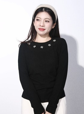 大眼LARGE EYE 小雏菊 森系领口花朵镶嵌打底圆领毛衣针织衫冬