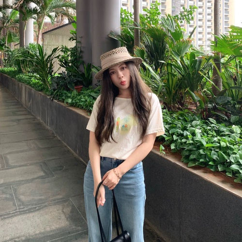 大眼LARGE EYE 涂鸦派对 蝴蝶手绘印花正肩短袖T恤夏微透薄款上衣