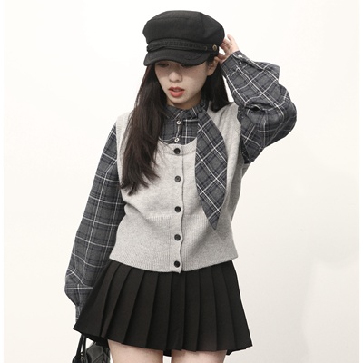 大眼LARGE EYE 秋日来信 格纹衬衫叠穿针织开衫假两件上衣气质女