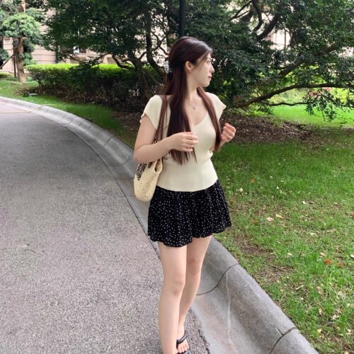 大眼自制Large eye波点半身裙针织上衣套装