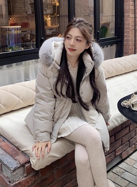 大眼LARGE EYE小个子中长款羽绒服狐狸毛领冬新国标90白鸭绒外套