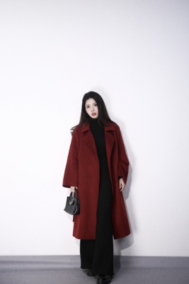 大眼LARGE EYE 新年战袍 红色双面绒呢子大衣女高品质羊毛呢外套