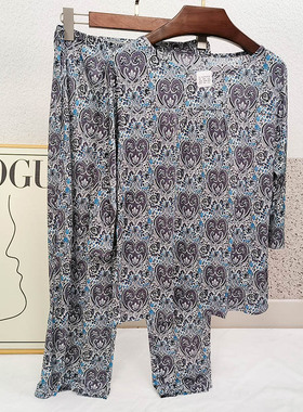 新春夏女桑蚕丝42针超细真丝家居服真丝针织套头薄款印花睡衣