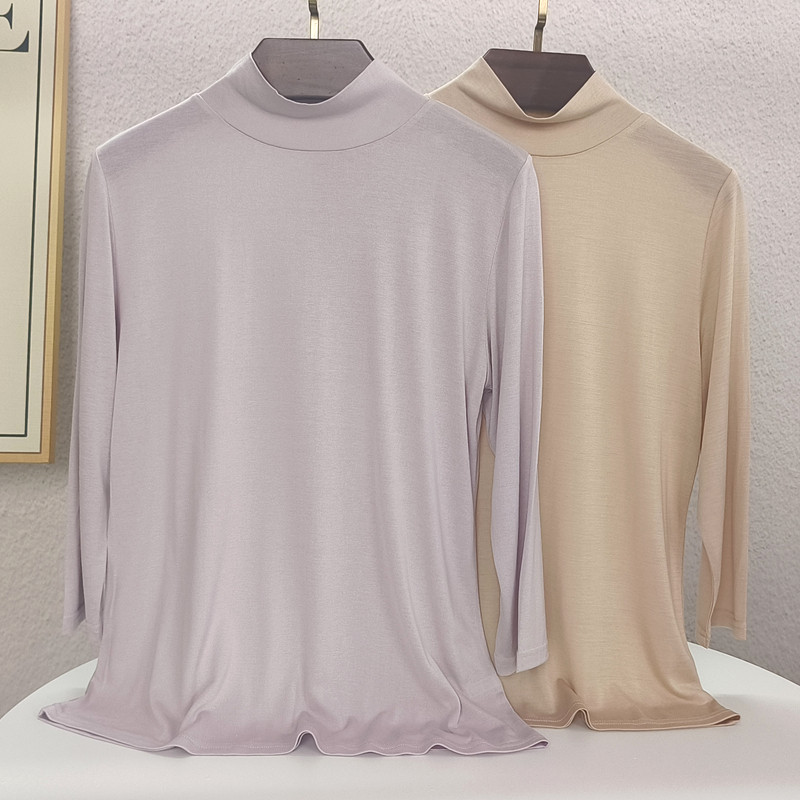 真丝护颈半高领七分袖睡衣女薄款套头绢丝家居服空调房防寒上衣