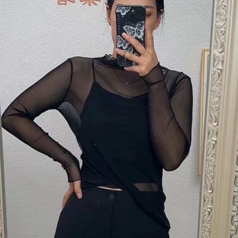 透视真丝网眼女士网眼长袖打底衫