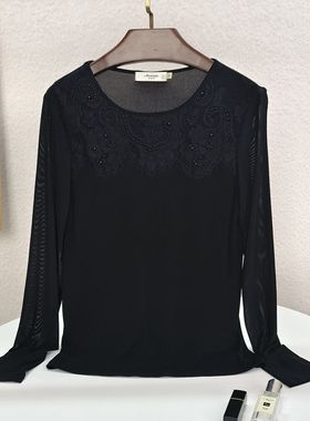 断码清女桑蚕丝加捻真丝长袖T恤上衣绣珠蕾丝打底衫袖子网纱 黑色