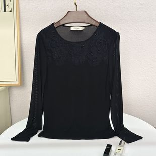 断码清女桑蚕丝加捻真丝长袖T恤上衣绣珠蕾丝打底衫袖子网纱 黑色