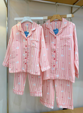 $＆62306/51410 100％棉双层纱亲子女款樱桃狗条纹长袖家居服套装