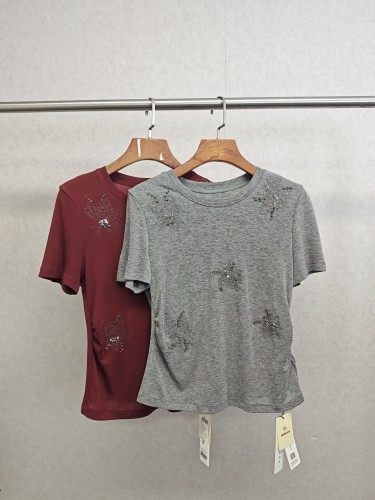 Ka系列＆专柜25夏 天丝+绵羊毛 时尚钉珠绣花T恤 912