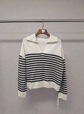 XL码 佧 100%绵羊毛落肩条纹针织衫 15272