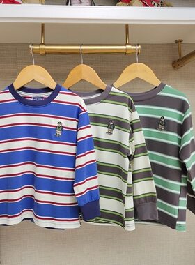 英国泰迪熊＆专柜童装清仓 纯棉小熊刺绣标 条纹长袖T恤 G5FS02