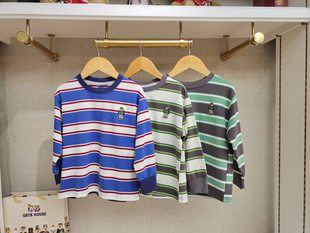 T恤 英国泰迪熊＆专柜童装 条纹长袖 纯棉小熊刺绣标 G5FS02 清仓