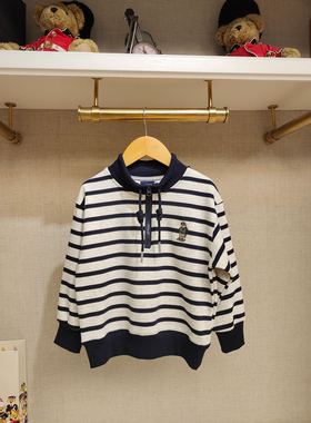 英国泰迪熊＆专柜童装 棉质半拉链立领小熊刺绣条纹卫衣 G5FS15