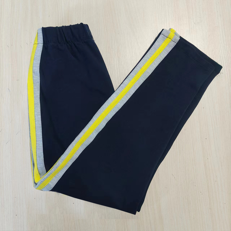 校服裤子藏蓝色直筒拼浅灰宽杠压一道浅黄条加绒直筒长裤定制学生