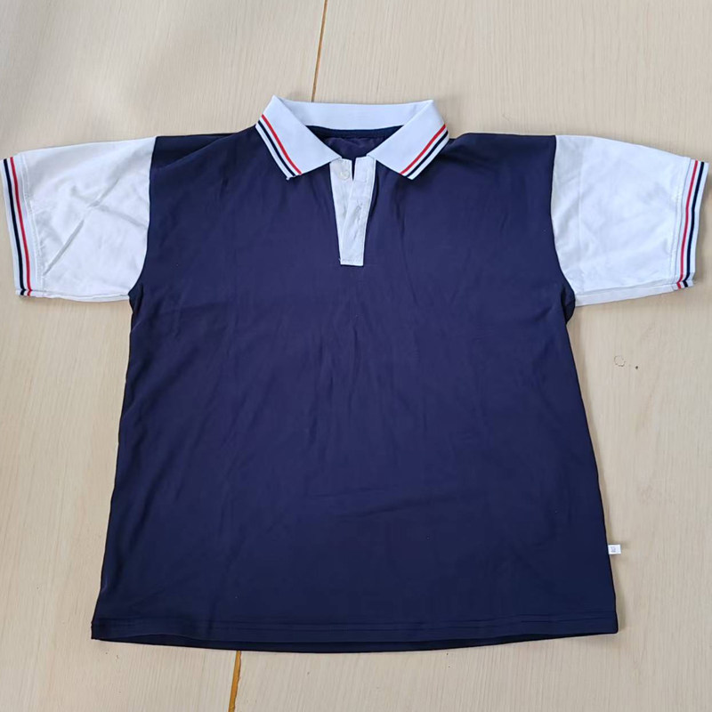 夏季藏蓝校服短袖POLO衫白色袖白领拼蓝红条男女通用班服上衣T恤
