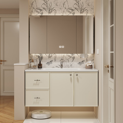 法式奶油风浴室柜陶瓷一体盆