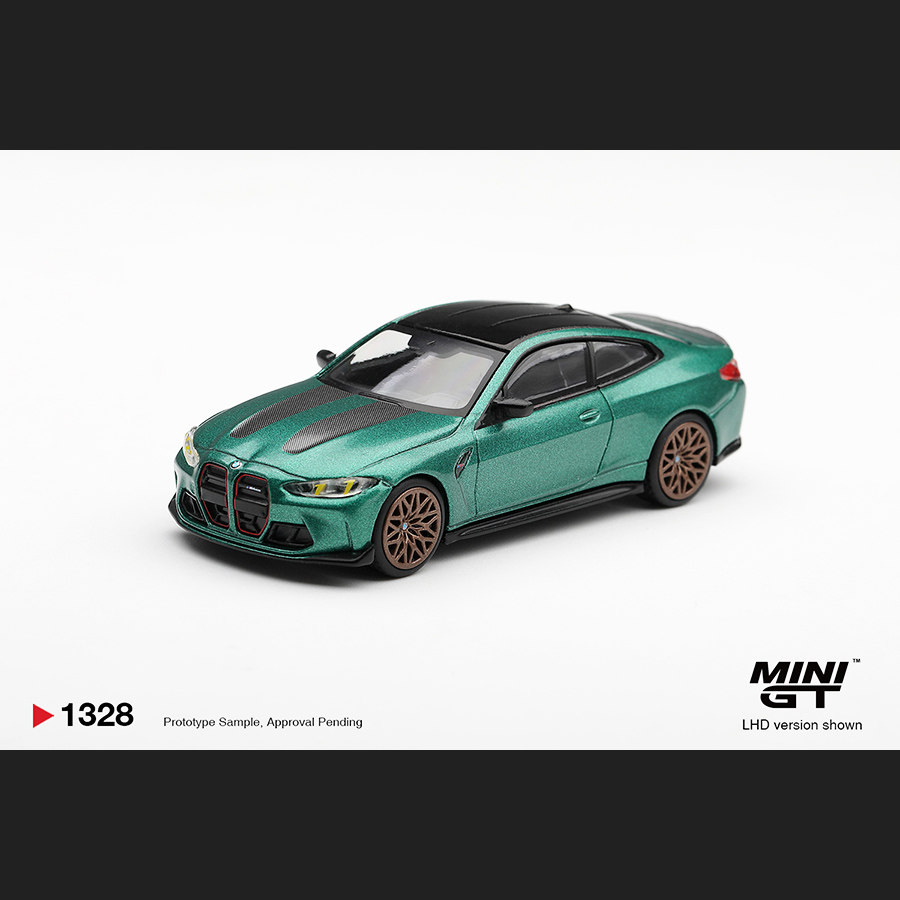预售1:64 MINIGT#1328 宝马BMW M4 CS 金属曼岛绿 仿真轿跑车模型 - 实物图
