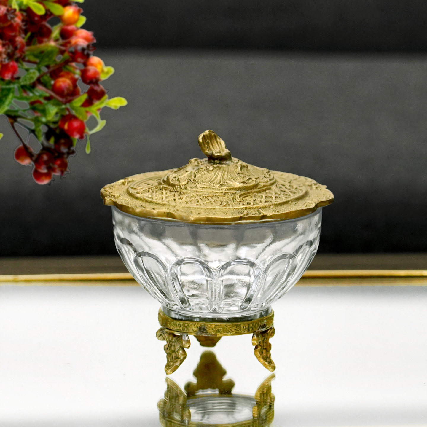 印度进口黄铜配玻璃轻奢高脚小烛杯摆件 小果碗装饰小收纳杯复古