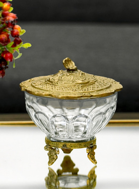 印度进口黄铜配玻璃轻奢高脚小烛杯摆件 小果碗装饰小收纳杯复古