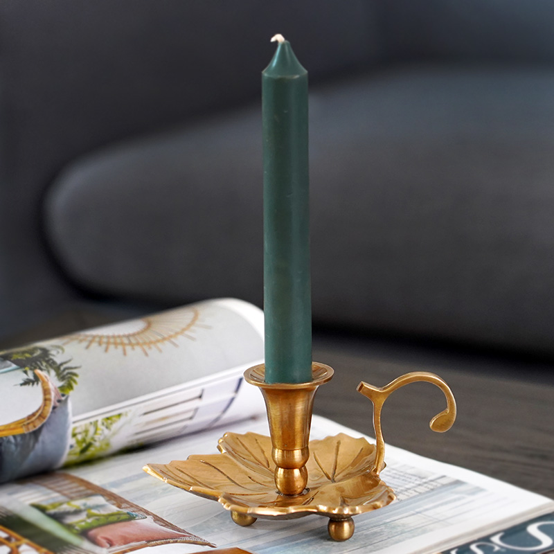 欧式美式复古印度黄铜长蜡烛烛台 树叶形状轻奢铜制怀旧摆件装饰 家居饰品 烛台 原图主图