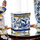 青花陶瓷配铜手工彩绘创意收纳罐 古典茶叶罐储物罐奢华摆件 中式