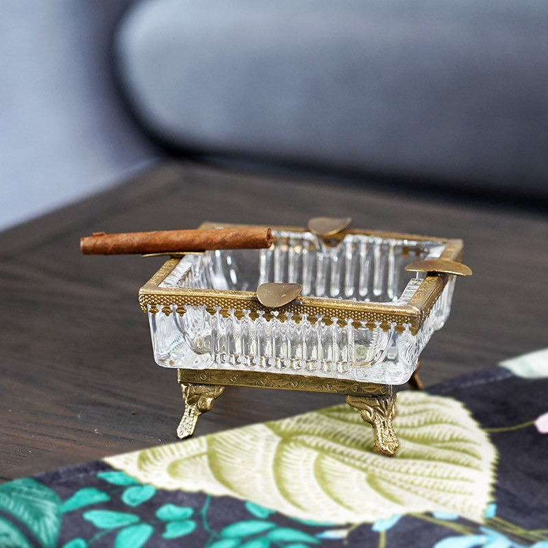 费灵家居欧式古典复古黄铜高脚奢华烟缸 印度进口铜制玻璃烟灰缸