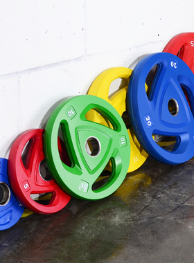 杠铃片商用50MM大孔彩色黑色包胶三孔片手抓片奥片力量举重架配重