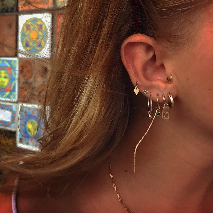 新品气质简约耳环女925银个性小耳骨钉欧美14K包金圆环耳圈防过敏