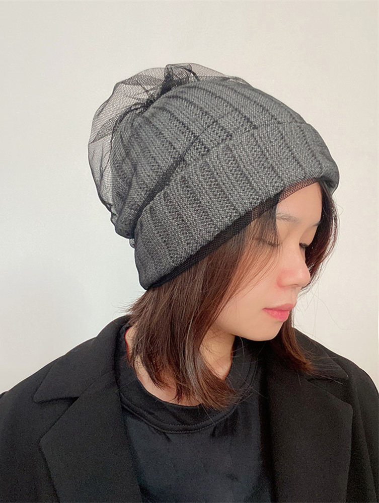 出口日本单 尾货ca4la秋冬新款网纱女羊毛线帽针织帽黑色复古优雅