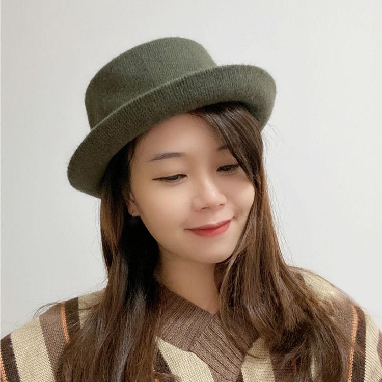出口日本 自留英伦复古平顶羊毛礼帽女逛街秋冬ins潮保暖百搭军绿