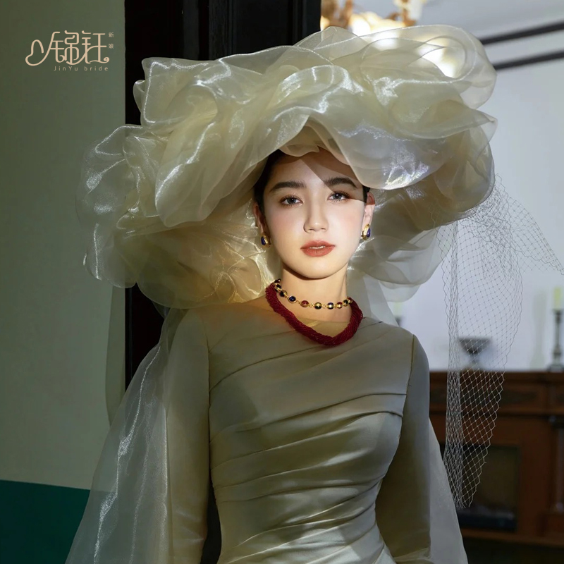 锦钰法式复古高级感抓纱云朵大礼帽长款头纱旅拍样片婚纱摄影头饰