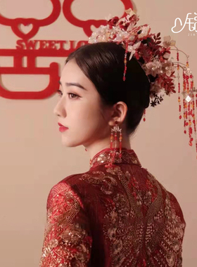 新娘中式绒花凤冠红色古风汉服婚礼手工花朵流苏发饰结婚秀禾头饰